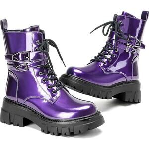 Women Combat Boots Lace Up Buckle Lug Sole Ankle Biker Boots